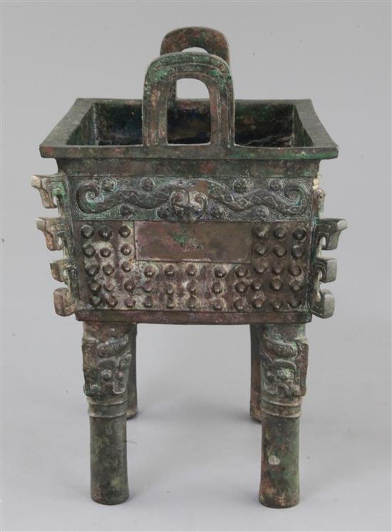 A large Chinese archaic bronze rectangular ritual food vessel, Fangding, early Western Zhou dynasty, 11th-10th century B.C.,